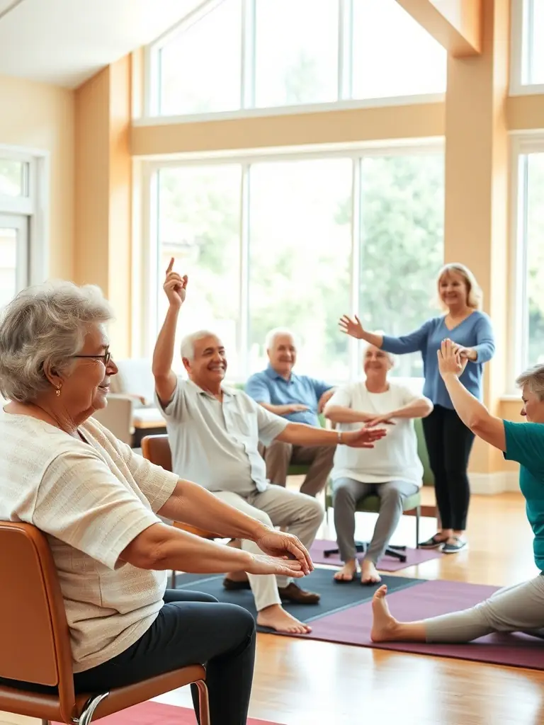 A picture of seniors engaging in a gentle exercise session, emphasizing the importance of senior-friendly activities for maintaining health and mobility.