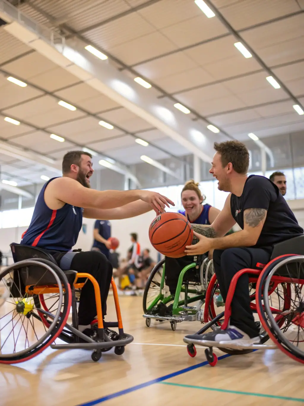 A group of diverse individuals participating in a wheelchair basketball game, showcasing inclusivity and teamwork in a sports setting organized by ASSOCIATION VACANCES 93.