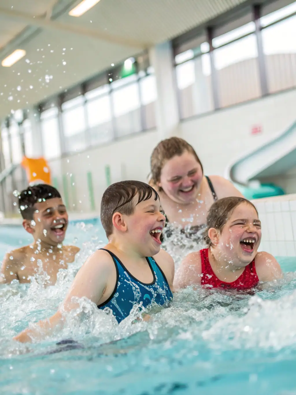 A vibrant image of children participating in an adapted swimming lesson, highlighting the fun and accessible nature of aquatic activities provided by ASSOCIATION VACANCES 93.