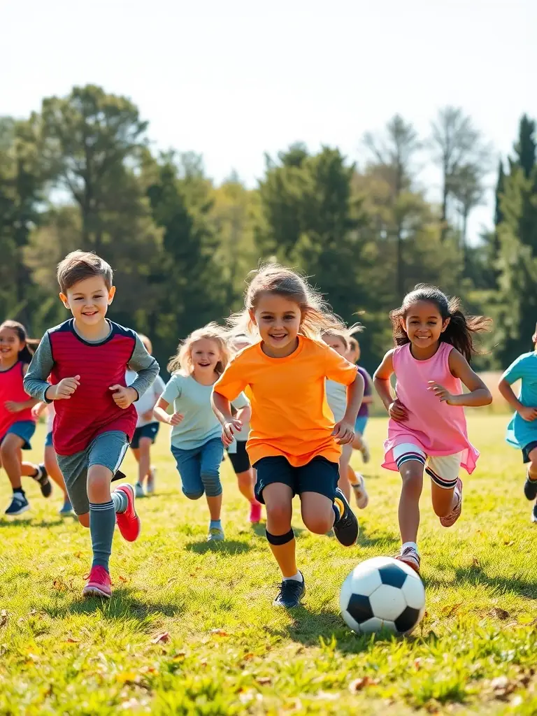 A group of children playing soccer in a park, wearing colorful jerseys and smiling, representing the youth soccer program offered by ASSOCIATION VACANCES 93.