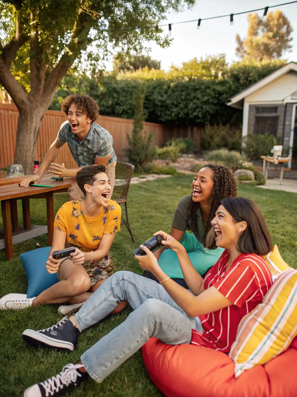 A picture of people of different ages and backgrounds laughing and interacting during a community sports event.