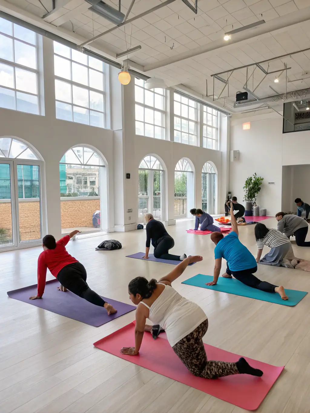 A diverse group of adults participating in a yoga class in a community center, highlighting the inclusive and wellness-focused activities of ASSOCIATION VACANCES 93.