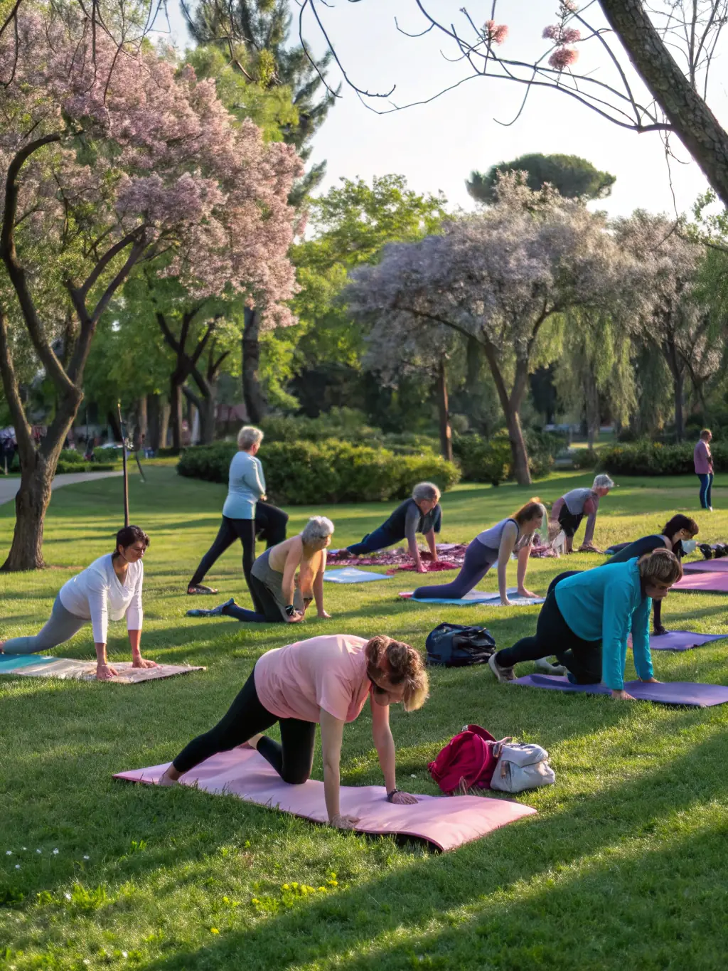 A group of seniors engaged in a gentle yoga session in a park, emphasizing the health and wellness benefits of ASSOCIATION VACANCES 93's senior programs.