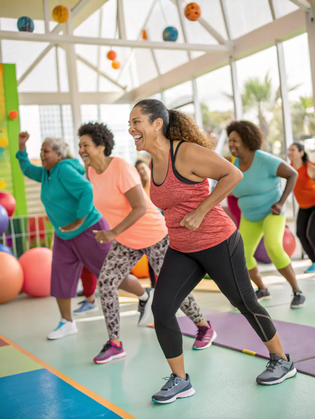 A diverse group of adults participating in a Zumba class in a community center, with an instructor leading the class, showcasing the adult fitness programs.