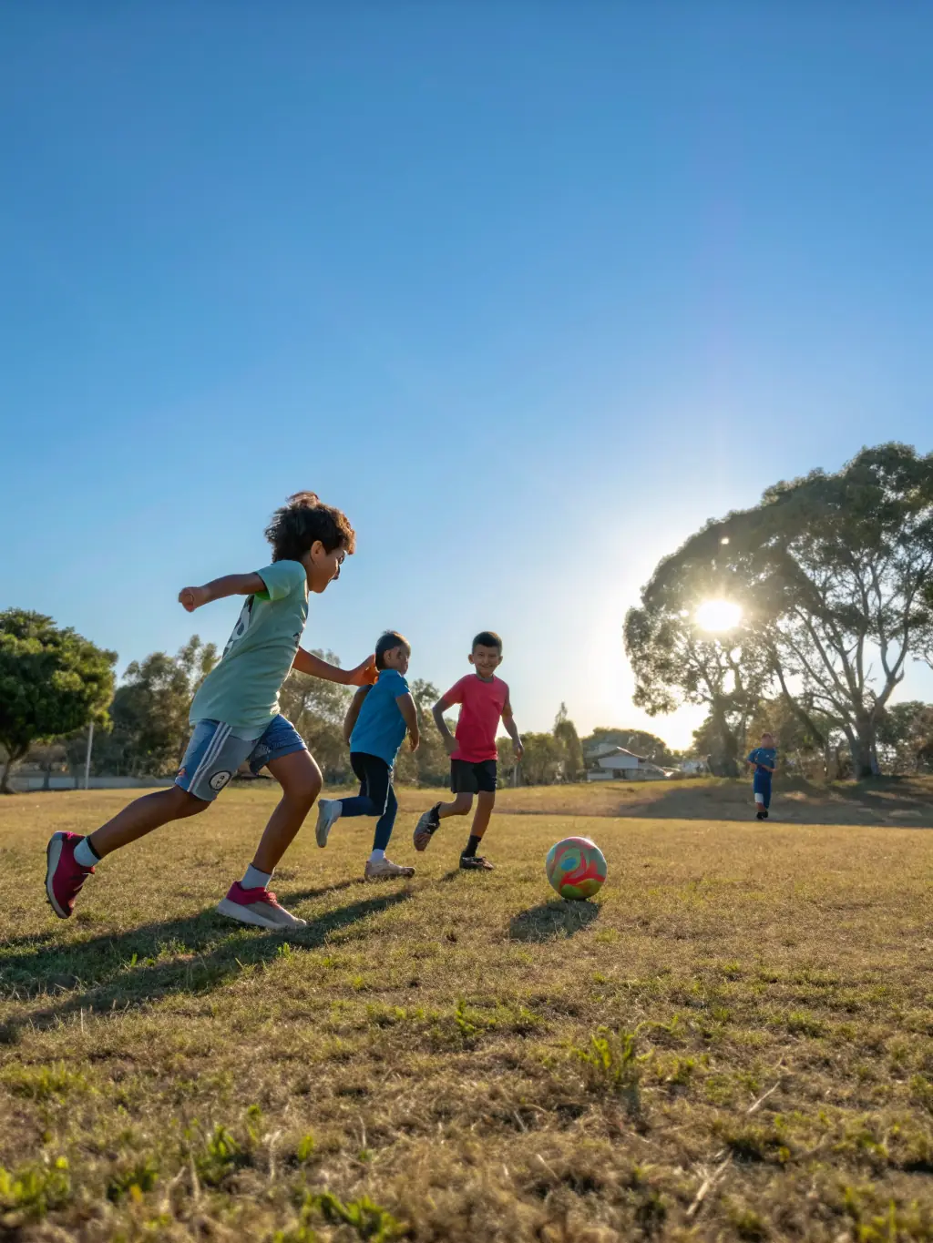 A photograph capturing a group of children playing soccer in a park, showcasing the joy and energy of youth sports programs offered by ASSOCIATION VACANCES 93.