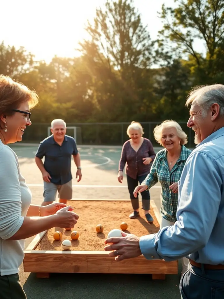 Seniors playing pétanque in a park, enjoying the outdoor activity and socializing, representing the senior leisure activities.