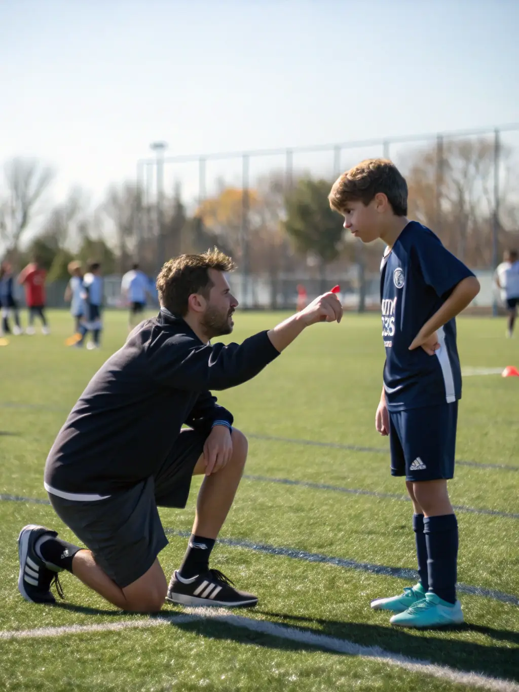 A photo showing a coach assisting a participant with adaptive equipment during a sports activity, highlighting inclusivity.